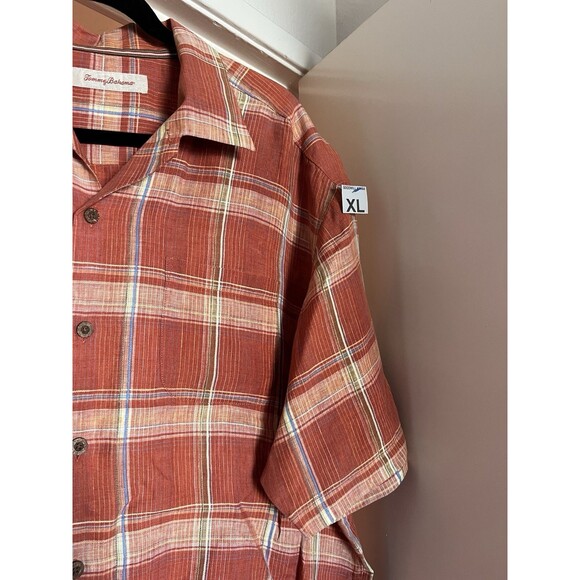 Tommy Bahama Men’s XLOrange Plaid 100% Linen Short Sleeve Button Shirt - Picture 3 of 13
